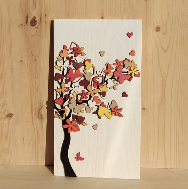 Quadretto in legno finitura sbiancata con albero toni caldi