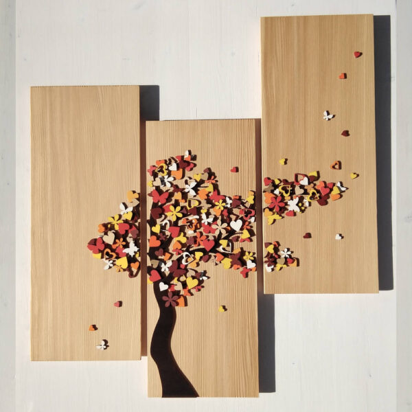 Trittico sfalsato 'Albero con il vento' finitura larice
